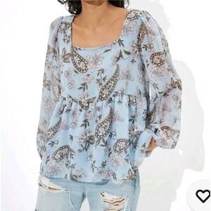 American Eagle Boho blue floral paisley‎ sq neck flowy babydoll top Women SZ M
